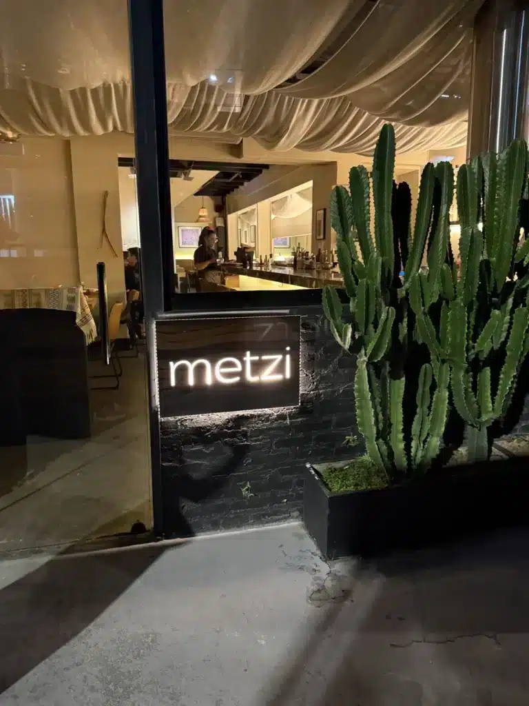 Saying Yes Illuminated METZI sign above a restaurant entrance beside a tall cactus.