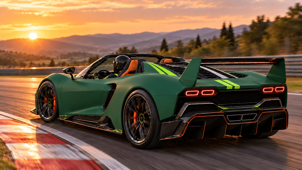 Hypercar Named After Me Green Jarocki RJ30 Stradale concept hypercar cornering on a racetrack with a helmeted driver.