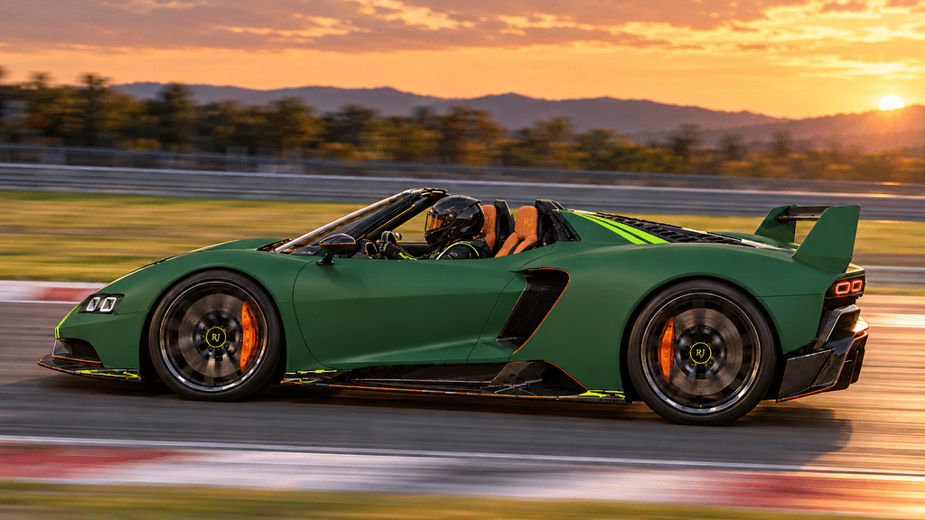 Hypercar Named After Me Side profile of the green Jarocki RJ30 Stradale concept hypercar driving on a circuit at sunset.