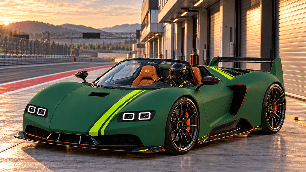Hypercar Named After Me Green Jarocki RJ30 Stradale parked beside pit garages with a helmeted driver in the left-hand seat.