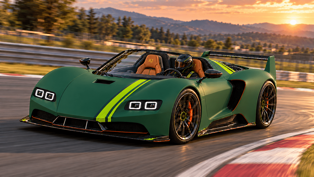 Hypercar Named After Me Green Jarocki RJ30 Stradale concept hypercar cornering on a racetrack with a helmeted driver.