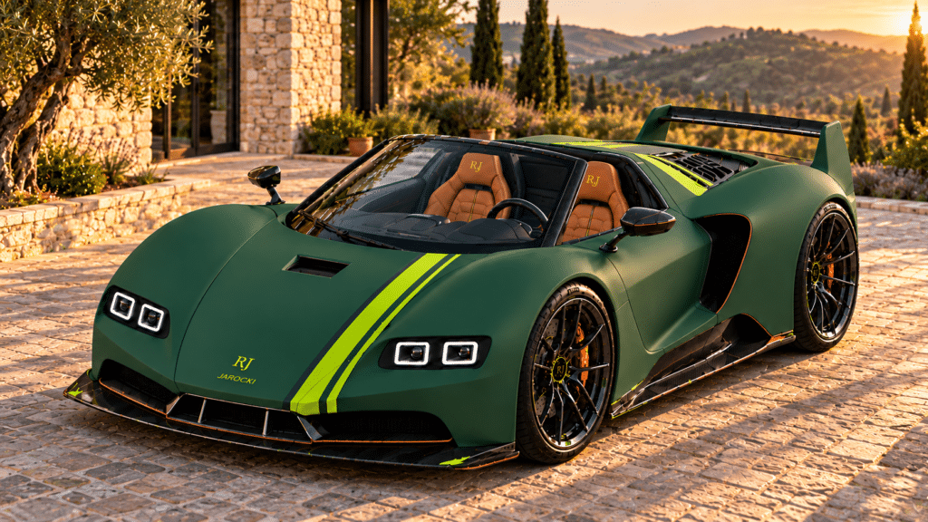 Hypercar Named After Me Elevated front view of the green Jarocki RJ30 Stradale showing its lime hood stripes and two tan seats.