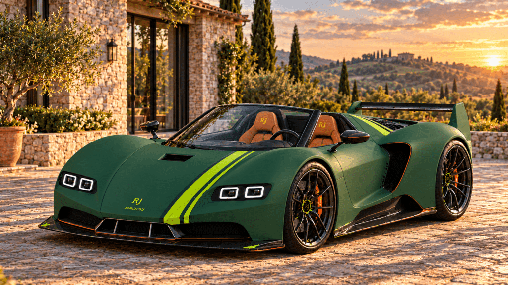 Hypercar Named After Me Forest-green Jarocki RJ30 Stradale concept hypercar with lime stripes outside a stone villa.