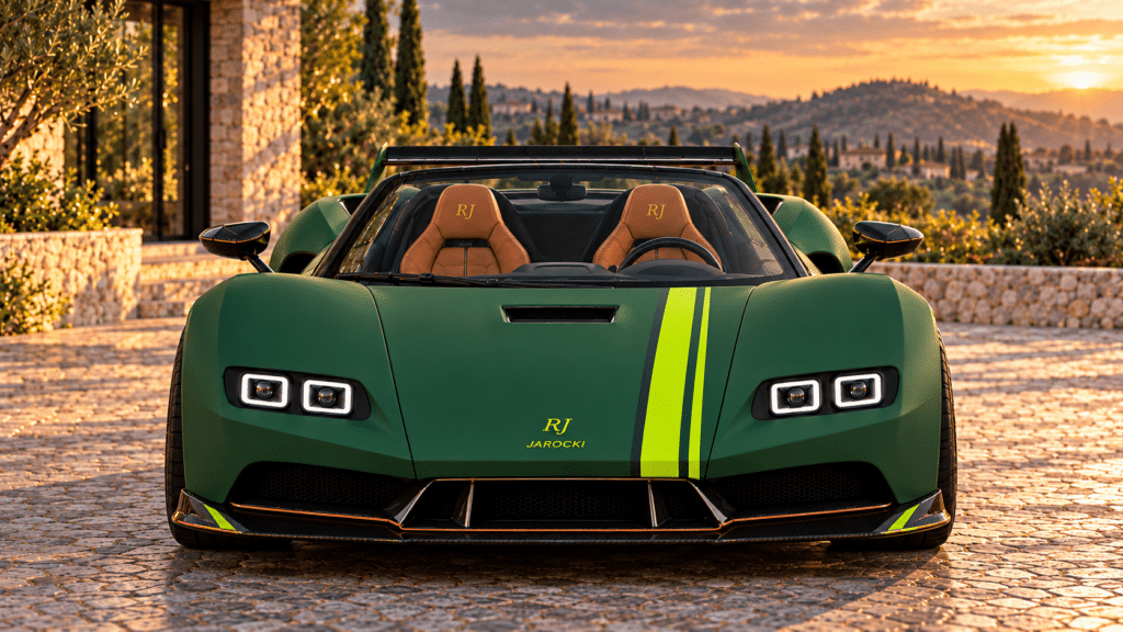 Hypercar Named After Me Front view of the Jarocki RJ30 Stradale showing paired rectangular headlights, an offset lime stripe and RJ badge.