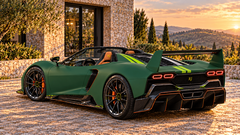 Hypercar Named After Me Side profile of the green Jarocki RJ30 Stradale with tan seats, black wheels and a rear wing.
