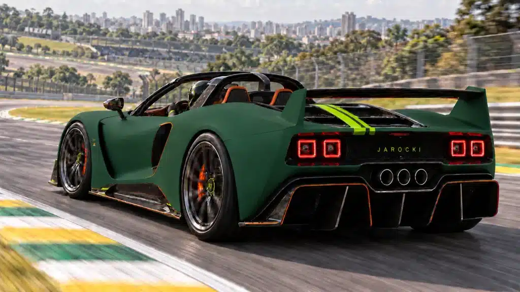 Hypercar Named After Me Rear three-quarter view of the Jarocki RJ30 Stradale with paired square red taillights and a carbon-fiber diffuser. On race track