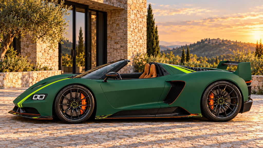 Hypercar Named After Me Side profile of the green Jarocki RJ30 Stradale with tan seats, black wheels and a rear wing.