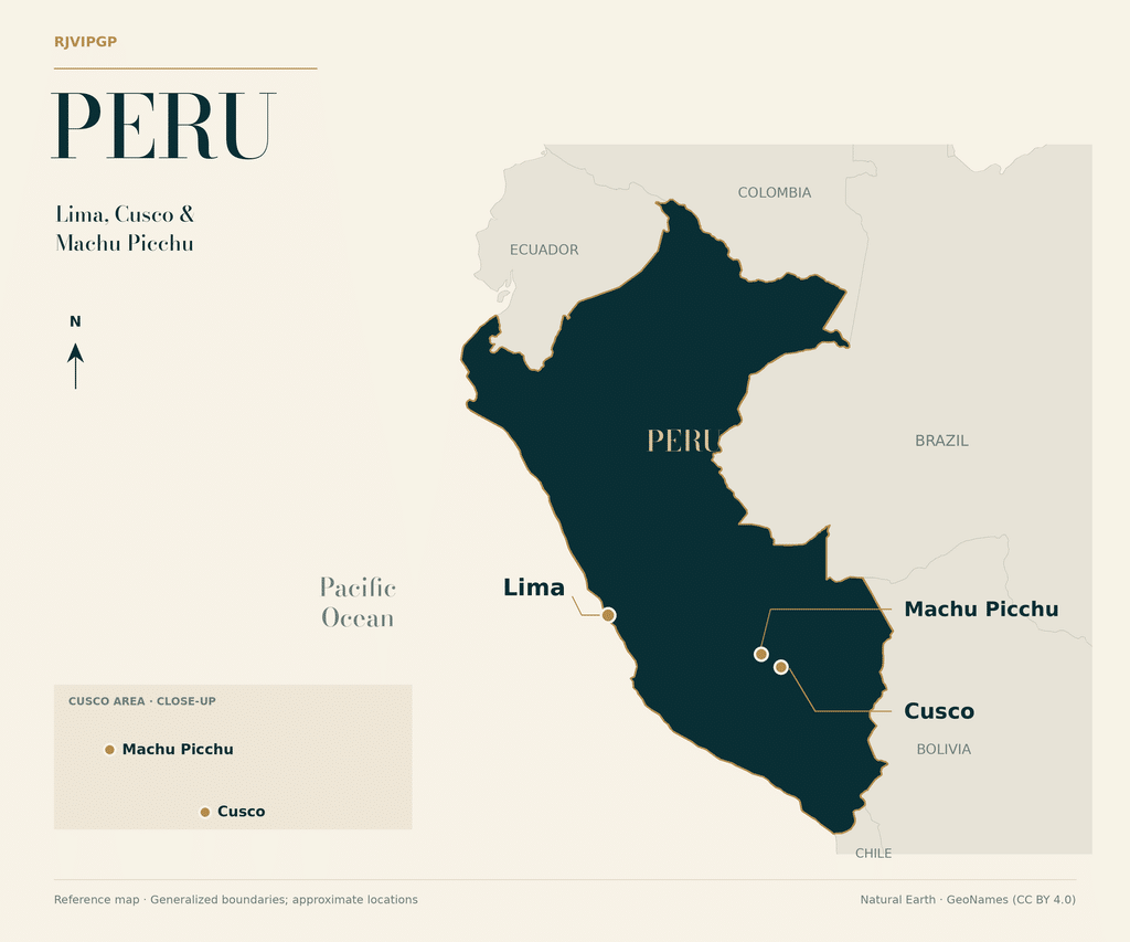Peru Travel Plans Map of Peru marking Lima on the Pacific coast and Cusco and Machu Picchu in the Andes, with a close-up of the Cusco area.
