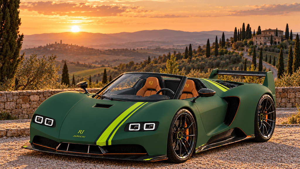 Hypercar Named After Me Green Jarocki RJ30 Stradale concept hypercar overlooking rolling hills and a cypress-lined road at sunset.