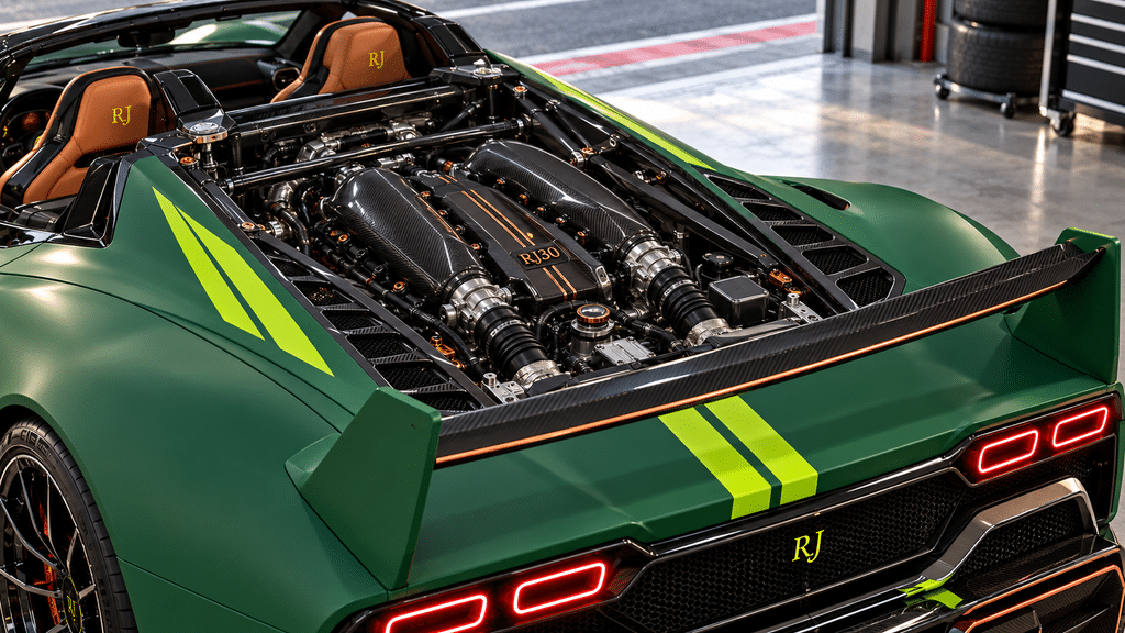 Hypercar Named After Me Exposed rear engine bay of the Jarocki RJ30 Stradale concept with carbon-fiber intake covers and copper accents.
