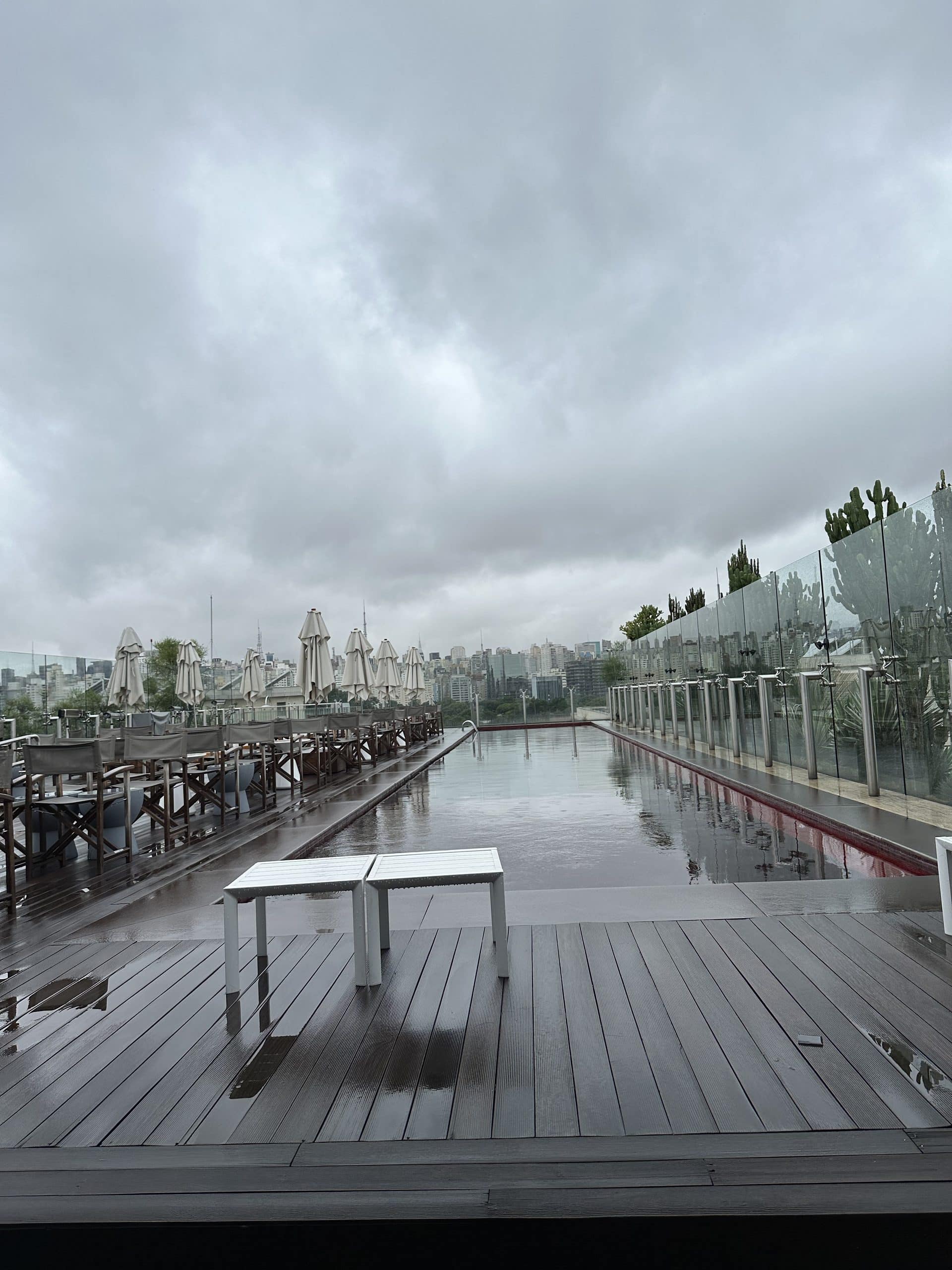 Hotel Unique São Paulo rooftop pool and deck on an overcast day.