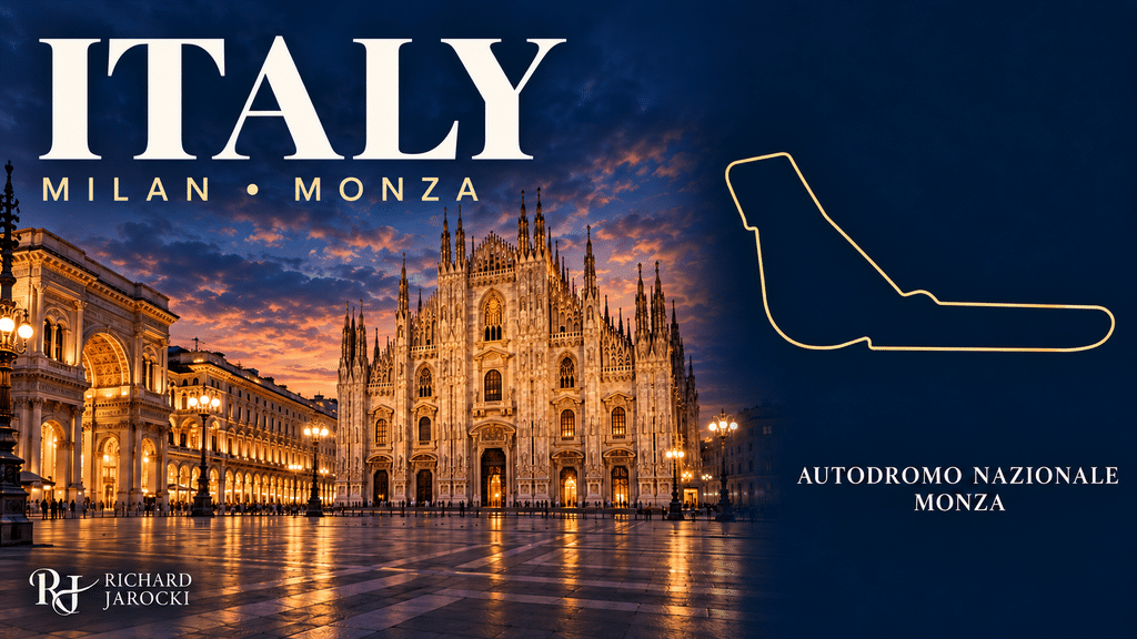 Luxury Formula 1 Travel Illustration of Milan’s Duomo at dusk beside a gold stylized Monza circuit outline.