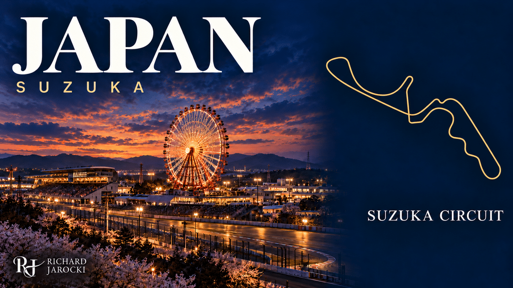 Luxury Formula 1 Travel Illustration of Suzuka’s illuminated Ferris wheel and grandstands at dusk beside a gold stylized Suzuka Circuit outline.