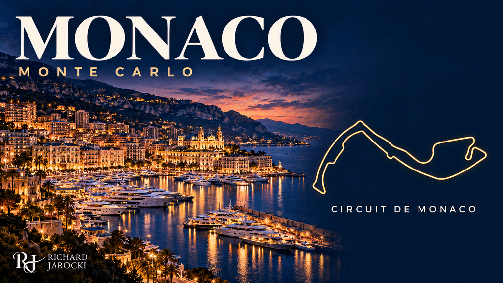Luxury Formula 1 Travel Illustration of Monaco’s yacht-filled harbour at dusk beside a gold stylized Circuit de Monaco outline.