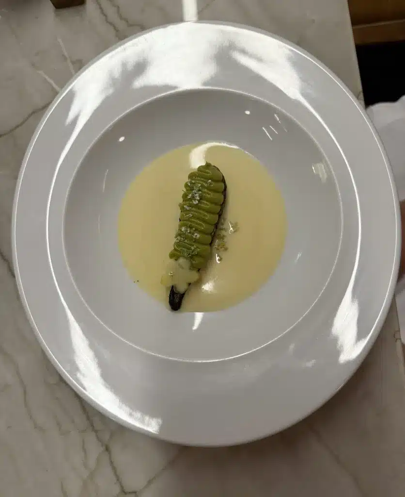 Nelita São Paulo A green vegetable course with piped green topping and pale sauce in a wide white bowl at Nelita.