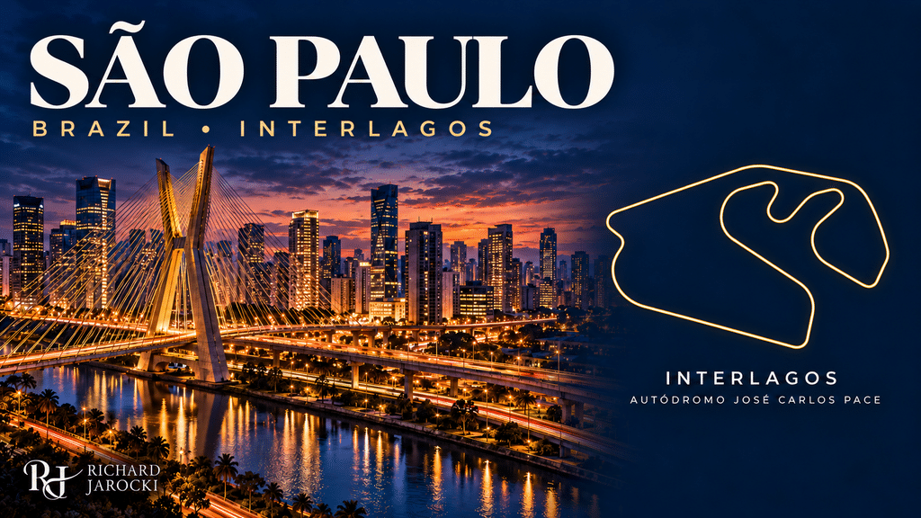 Luxury Formula 1 Travel Illustration of São Paulo’s illuminated cable-stayed bridge and skyline beside a gold stylized Interlagos circuit outline.