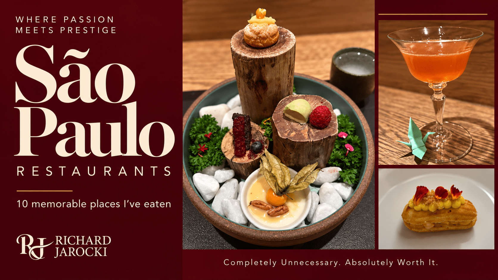 São Paulo restaurants guide featuring Kazuo’s dessert presentation and cocktail, a Nelita pastry, and Richard Jarocki’s logo.