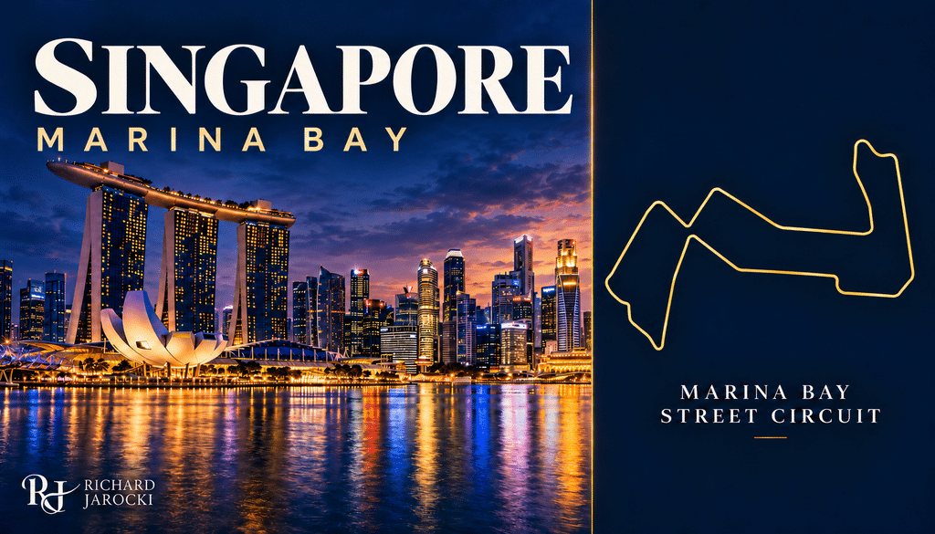Luxury Formula 1 Travel Illustration of Singapore’s Marina Bay skyline at blue hour beside a gold stylized Marina Bay Street Circuit outline.