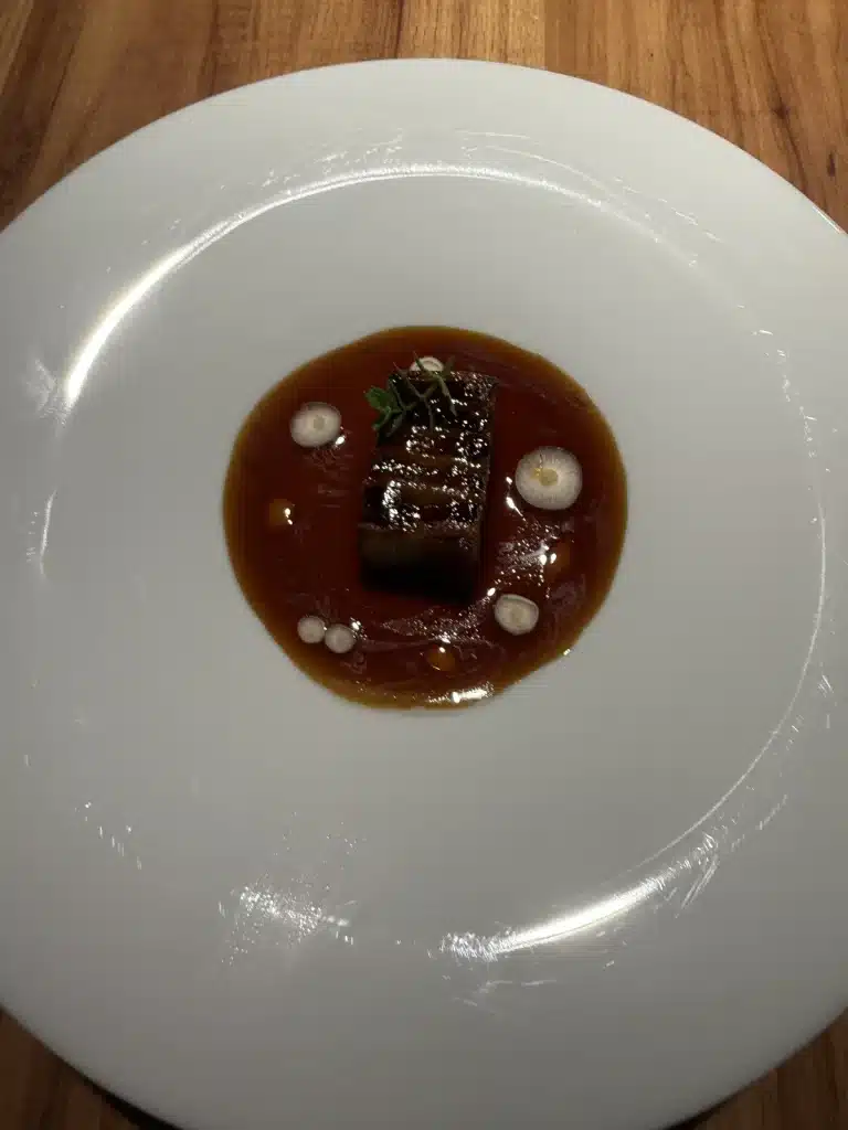Rectangular plated course in dark sauce with small pale garnishes at Evvai in São Paulo