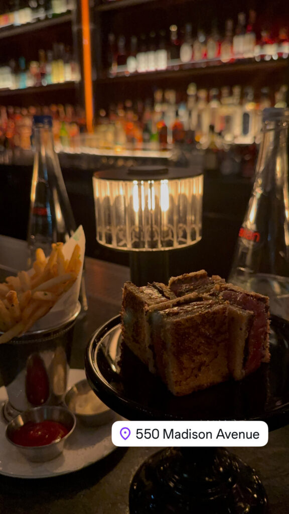 The A5 Blackjack Sandwich served with tallow fries at the Whiskey Bar inside Bar Chimera at 550 Madison in New York City.