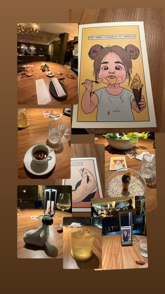 Collage of creative courses and illustrated menu cards from the Evvai São Paulo tasting experience