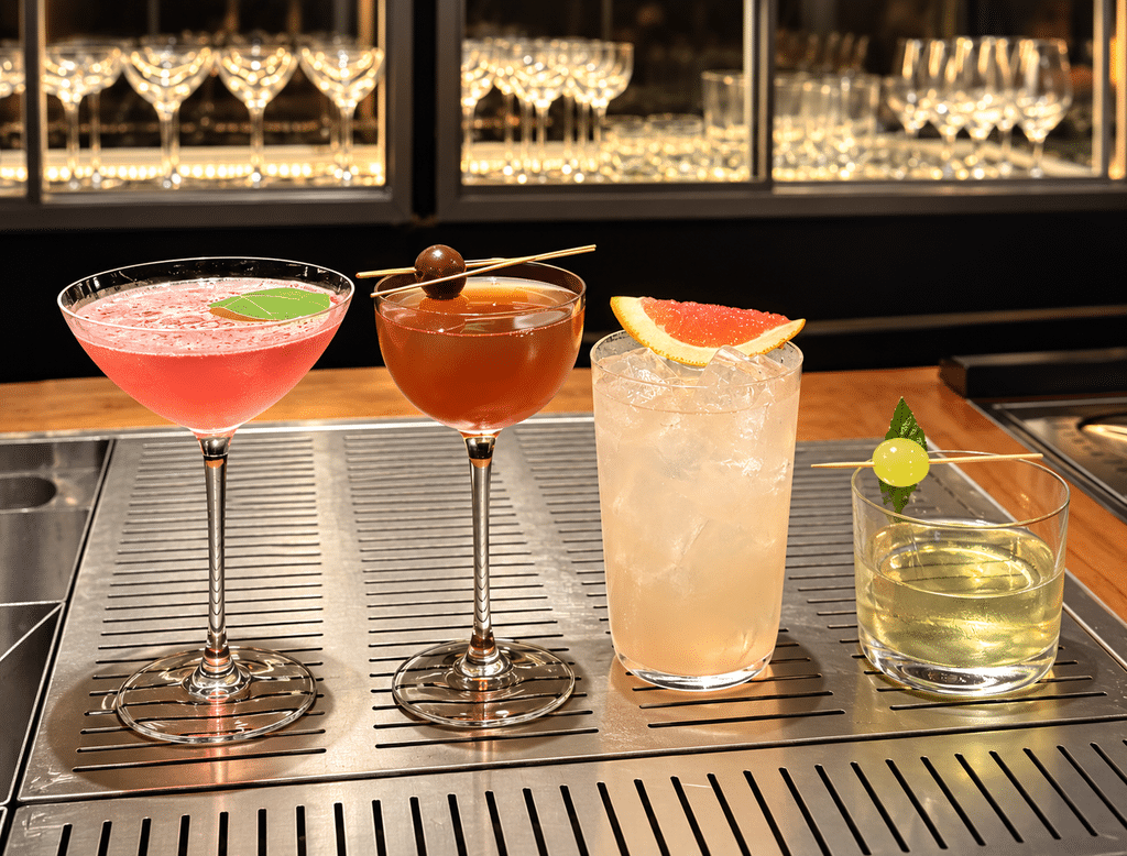 Food-Focused Trips Four cocktails on the bar at Tan Tan in São Paulo.