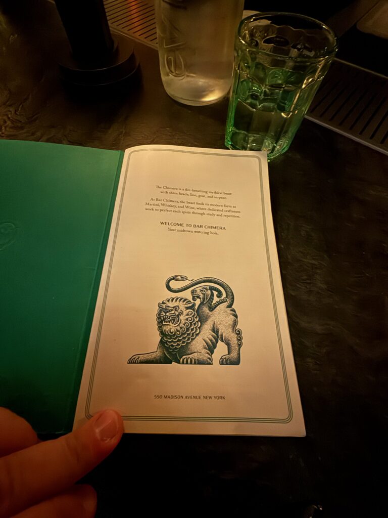 The Bar Chimera menu at the Whiskey Bar inside 550 Madison in New York City.