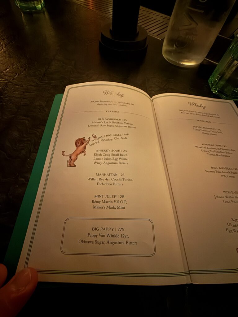 The Whiskey Bar cocktail menu at Bar Chimera inside 550 Madison in New York City, featuring classic whiskey cocktails and the signature Big Pappy.