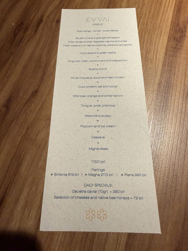 Evvai ORI25.2 tasting menu featuring Brazilian seafood, pasta, wild boar and desserts