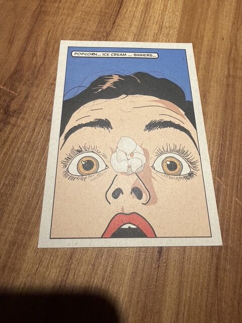 Illustrated card introducing the popcorn ice cream dessert at Evvai São Paulo