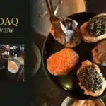 COQODAQ brunch collage featuring Golden Nuggets topped with caviar and truffle, Korean fried chicken and The Egg cocktail.