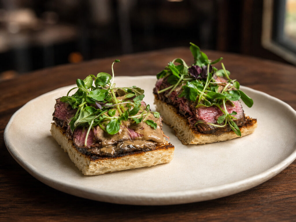 Filet mignon toast recipe with mushroom duxelles, black garlic aioli and microgreens