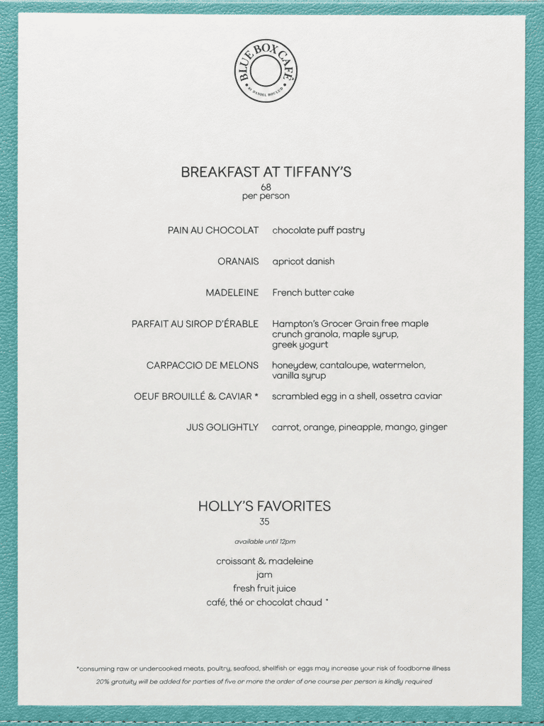 Breakfast at Tiffany’s menu priced at $68 per person at the Blue Box Café in New York City