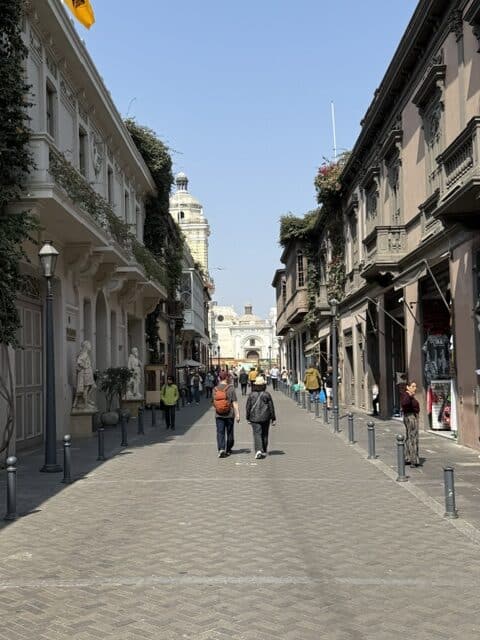 Travel to Lima Pedestrian street lined with historic colonial buildings in central Lima, Peru