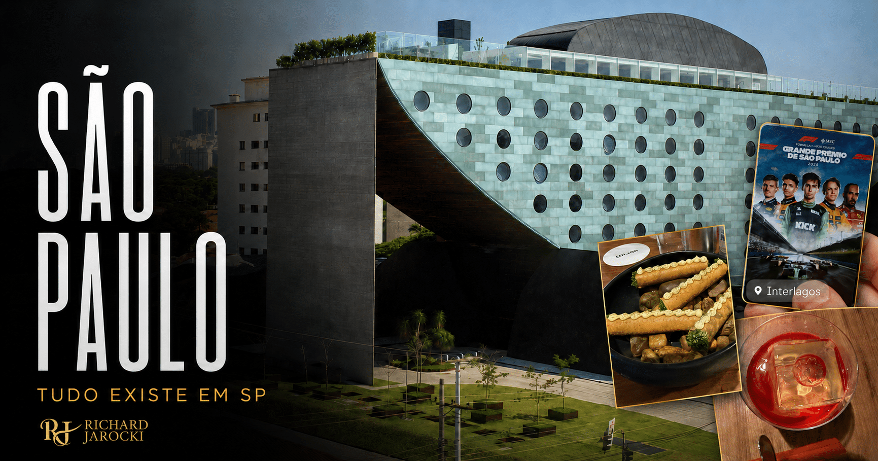 São Paulo guide featuring Hotel Unique, an Interlagos F1 pass, a Tan Tan dish and an Evvai cocktail.