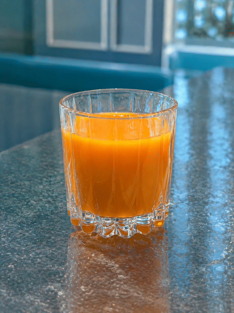 Jus Golightly carrot, orange, pineapple, mango and ginger juice at the Blue Box Café in New York City