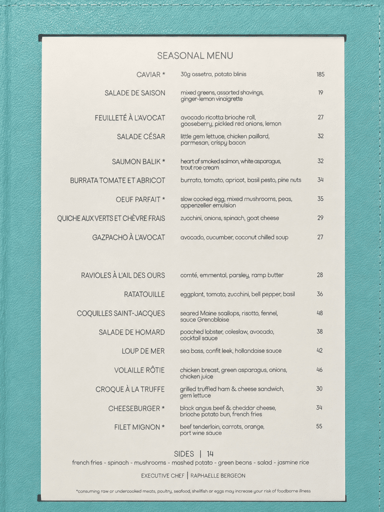 Blue Box Café seasonal menu listing the $38 Salade de Homard with poached lobster, coleslaw, avocado and cocktail sauce