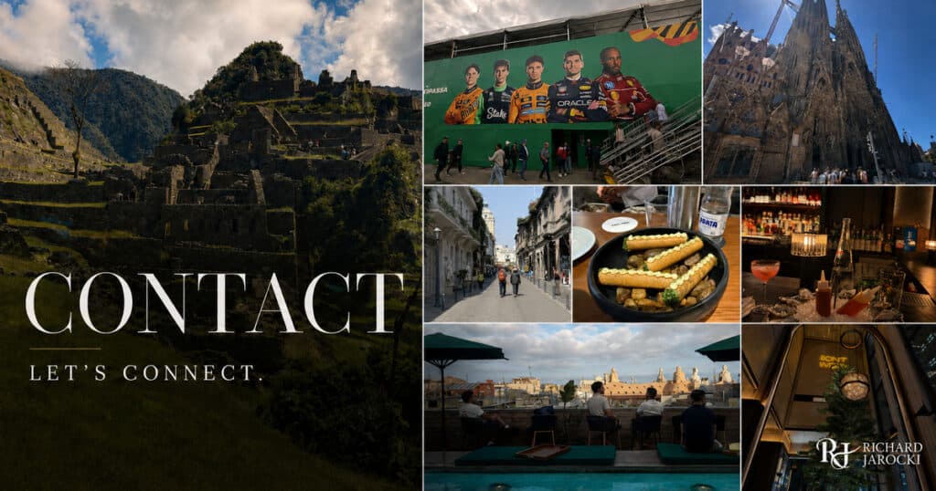Contact Richard Jarocki collage featuring travel, dining, hotels, cocktails and Formula 1