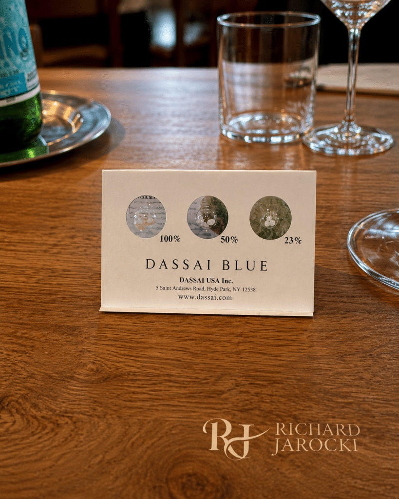 Dassai Blue table card showing rice polished to 100, 50 and 23 percent.
