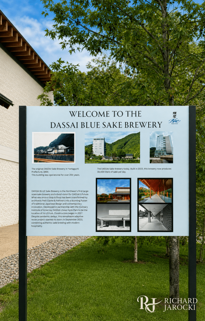 Welcome sign outside Dassai Blue Sake Brewery in Hyde Park, New York.