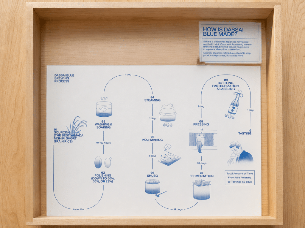 Educational display outlining the Dassai Blue sake brewing process from rice sourcing and polishing through fermentation, bottling and tasting.
