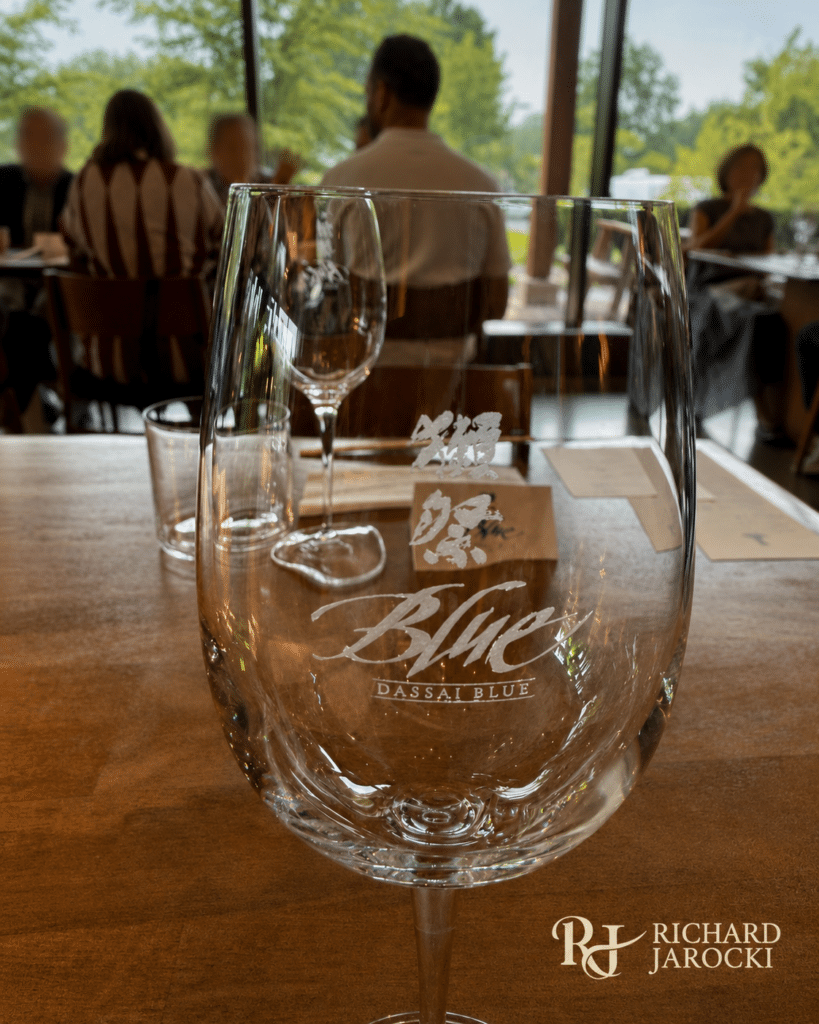 Branded Dassai Blue sake glass inside the Hyde Park brewery dining room.