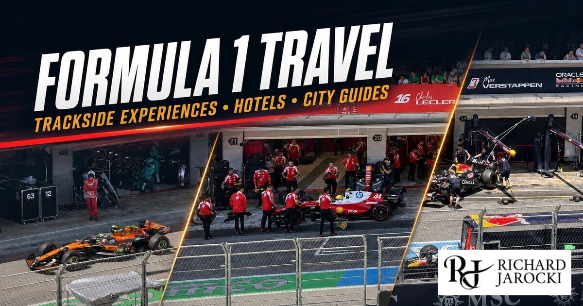 Formula 1 travel graphic featuring Ferrari, McLaren and Red Bull cars with Richard Jarocki branding