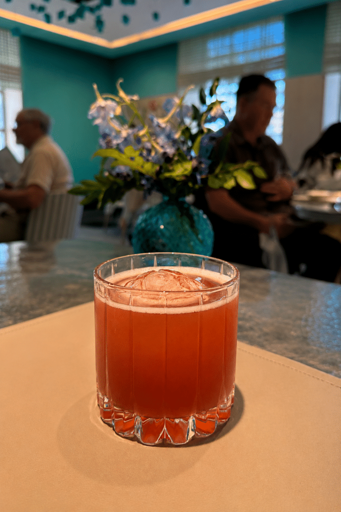Halftime cocktail with soccer-ball-shaped ice at the Blue Box Café in New York City