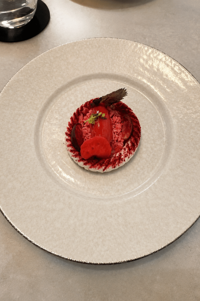 Cherry dessert with rose, hibiscus and genmaicha tea at Mont Bar Barcelona