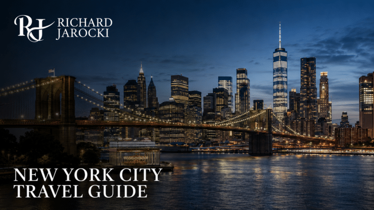 New York City skyline and Brooklyn Bridge at blue hour