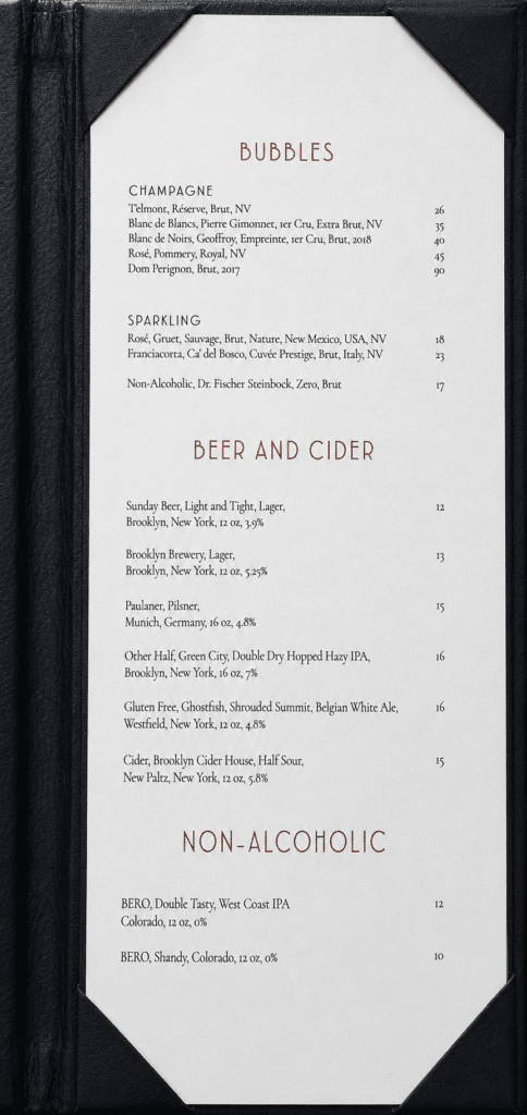 Champagne, sparkling wine, beer, cider, and non-alcoholic menu at Peak restaurant NYC