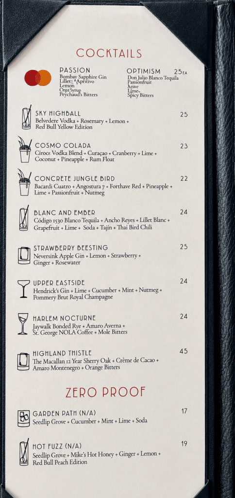 Cocktail and zero-proof drink menu at Peak restaurant in Hudson Yards NYC