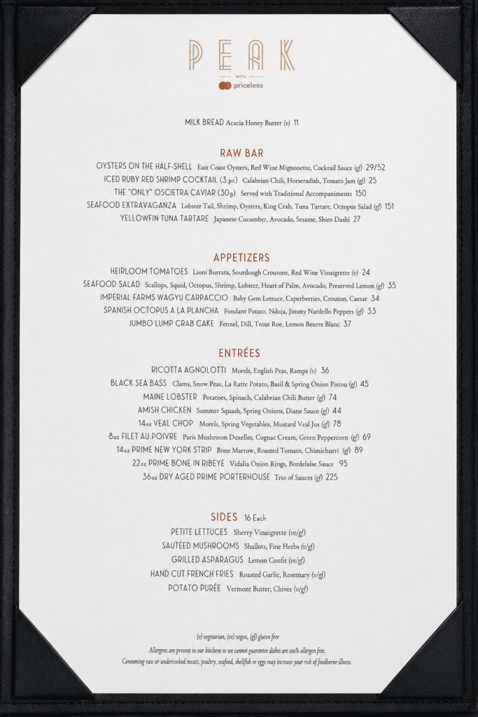 Peak restaurant dinner menu with raw bar, appetizers, seafood, steaks, entrées, and sides