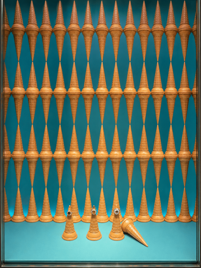 Tiffany jewelry rings displayed on waffle ice-cream cones against a Tiffany-blue background inside the Fifth Avenue flagship
